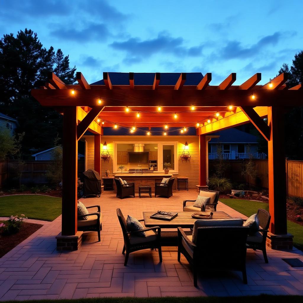 Custom Wood Pergola Construction in Palmdale CA at twilight — Build & Repair Patios in Palmdale, Lancaster & the Antelope Valley